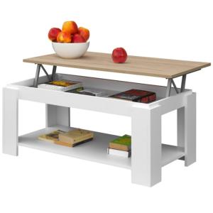 TABLE basse blanche, 100 cm, plateau relevable, couleur chêne, GALION