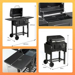 Barbecue Charbon & Fumoir 2-en-1 ARCAN avec Thermomètre, Tablettes Rabattables et Roues