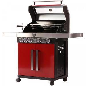 BARBECUE de luxe INOX 5 brûleurs + accessoires, rouge