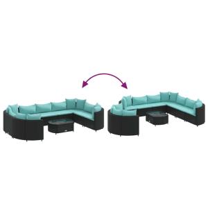 Salon de jardin modulable en résine tressée noire avec coussins bleus et table basse - ARCAN