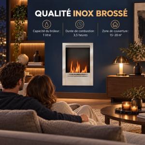 Cheminée bio-éthanol ELVORA en inox brossé – Murale ou encastrable, 60 cm