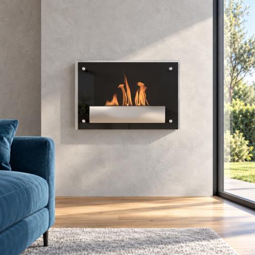 Cheminée bio-éthanol murale VELIAN – Noir et inox brossé, 60 cm