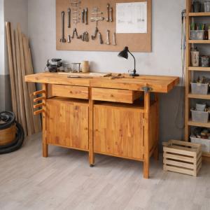 Etabli en bois massif d’acacia – 165 cm – Avec étaux et rangements