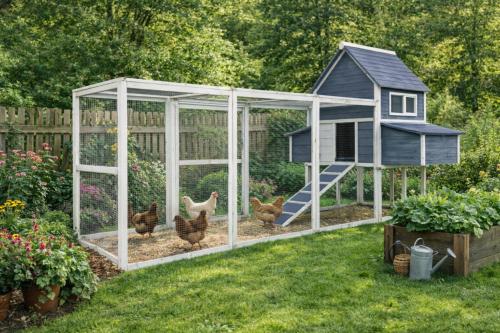 Poulailler XXL en bois massif avec enclos – 310 x 150 cm – Gris / Blanc