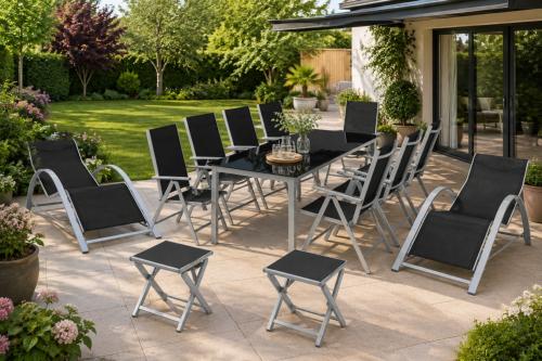 Salon de Jardin XXL RIVIERA en Aluminium – Ensemble 8 Fauteuils, 2 Chaises Longues et 2 Repose-pieds