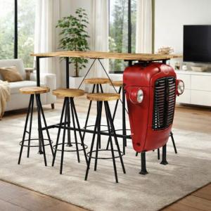Ensemble bar vintage tracteur 6 places – Table bar industrielle en bois de manguier et métal
