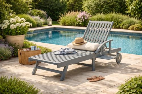 Transat bain de soleil en bois d’acacia 200 cm – Pliable sur roues – Finition gris laqué