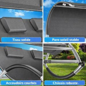 Chaise longue double à bascule avec auvent – Transat 2 places, acier et textilène