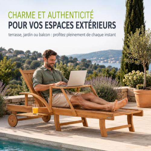 Bain de soleil pliant en bois d'acacia avec table et tablette intégrées – SUNDAY