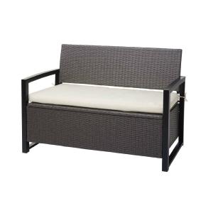 BANC avec coffre de rangement, resine tressée, gris, coussin crème