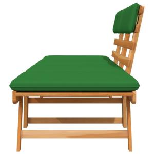 Banc de jardin convertible, bois exotique, coussins vert