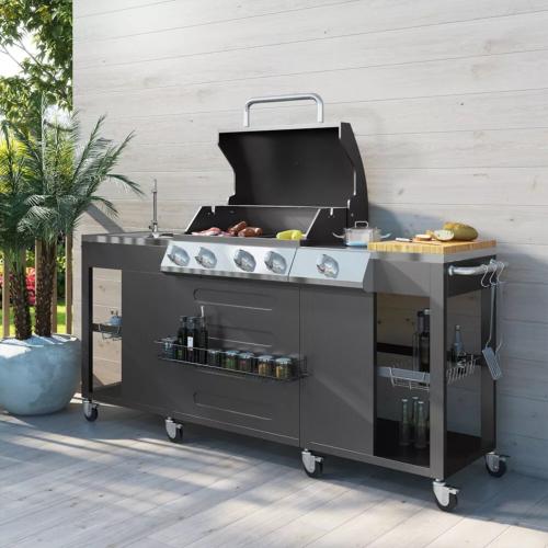 Barbecue à gaz cuisine extérieure inox 210 cm – 4 brûleurs  – Avec évier