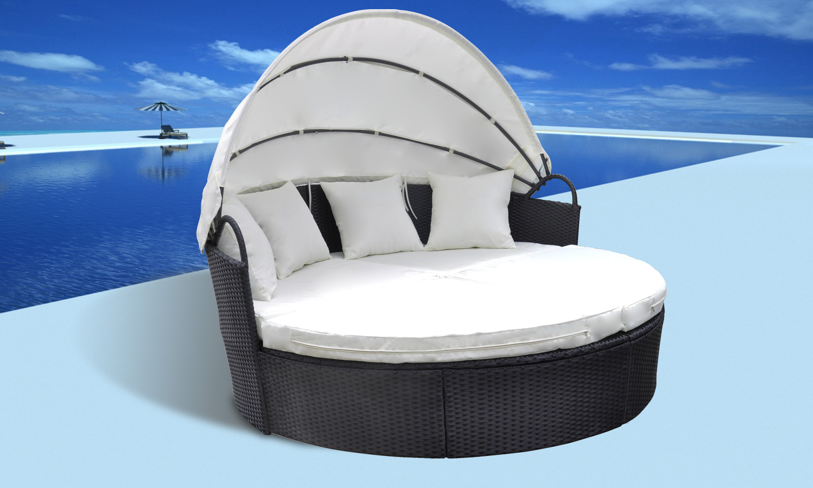 Canapé De Jardin Rond En Résine Tressée Noir Avec Table Et Coussins - Salon D'extérieur Confortable