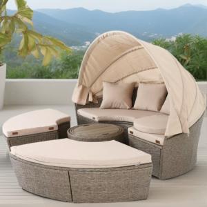 Canapé jardin, 185 cm, résine tressée, table télescopique, beige