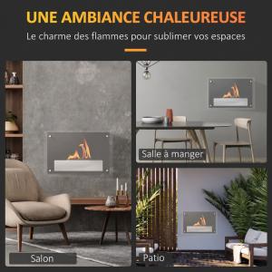 Cheminée bio-éthanol murale VELIAN – Noir et inox brossé, 60 cm