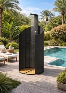 DOUCHE de jardin avec tour de protection, résine tressée noir