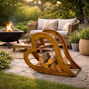 Étagère à bois de chauffage en métal – Forme cœur couché – Coloris rouille