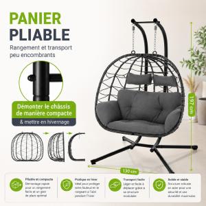 Fauteuil suspendu double ALOA XL en polyrotin gris ou beige– 2 places