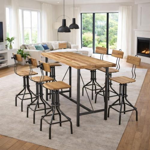 Ensemble Table Bar en Teck Massif et Métal avec 6 Chaises Hautes