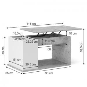 TABLE basse gris béton/blanc, 90 cm, plateau relevable, THEBES