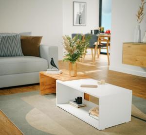 TABLE basse blanche/beige, 80 cm, extensible et pivotante