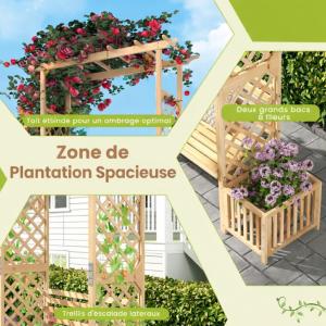 Arche à rosiers avec banc intégré et jardinières en bois naturel