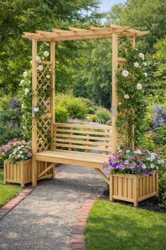 Arche à rosiers avec banc intégré et jardinières en bois naturel