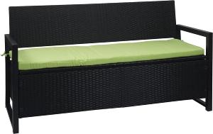 BANC avec coffre, résine tressée noir, 165 cm, coussin vert