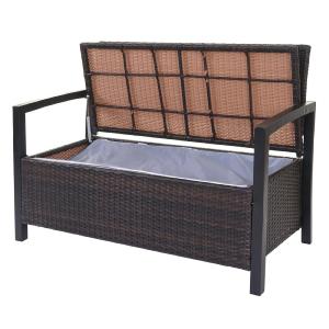 BANC avec coffre de rangement, resine tressée marron, coussin beige