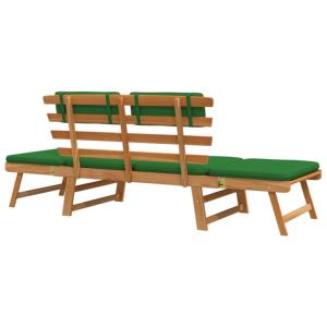 Banc de jardin convertible, bois exotique, coussins vert