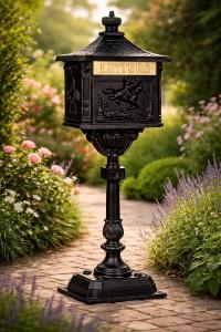 Boîte aux lettres sur pied style antique – Fonte d’aluminium – Noir