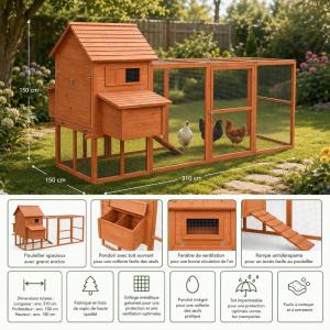 Poulailler XXL en Bois avec Grand Enclos et 4 Pondoirs – 310 cm