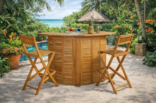 Table bar HAUTE QUALITE pliable en Teck, avec 2 tabourets
