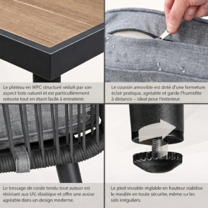 SALON de jardin ALLIANCE, 8 personnes, table 190 cm, fauteuils corde tressée