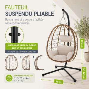 Fauteuil suspendu ALOA en rotin avec support – Beige ou gris