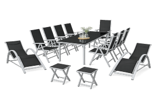 Salon de Jardin XXL RIVIERA en Aluminium – Ensemble 8 Fauteuils, 2 Chaises Longues et 2 Repose-pieds