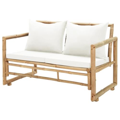 Banc de jardin bambou, avec coussins crème