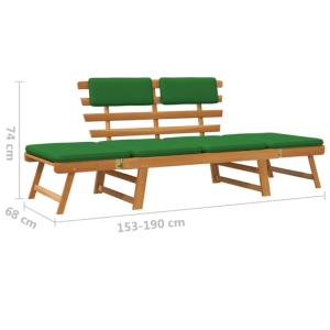 Banc de jardin convertible, bois exotique, coussins vert