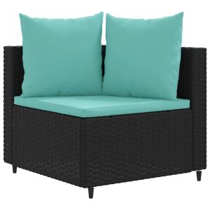 Salon de jardin modulable en résine tressée noire avec coussins bleus et table basse - ARCAN