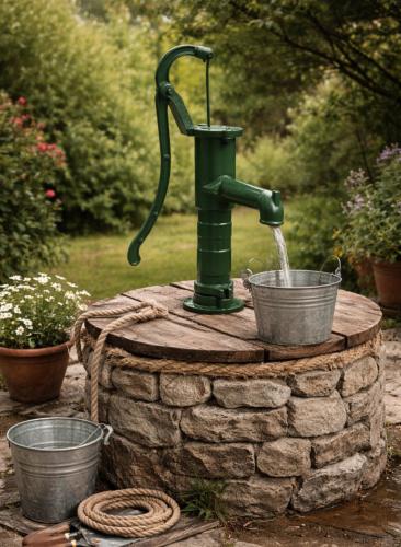 Pompe à main en fonte vintage verte – Pompe manuelle jardin et puits