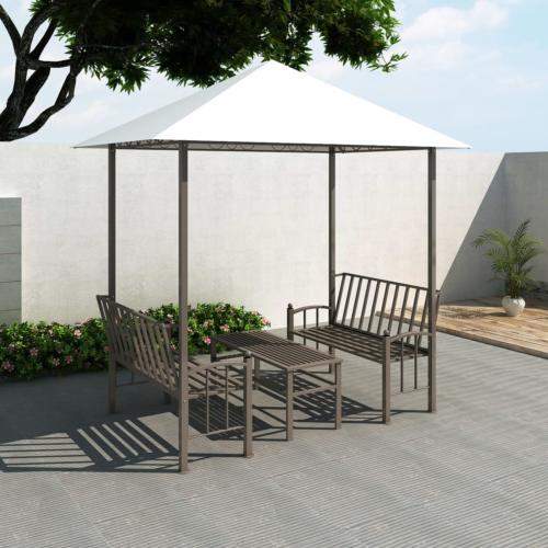 Tonnelle de jardin complète, avec bancs et table, toit blanc