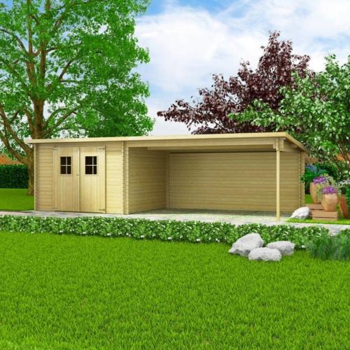 ABRI de jardin, bois massif 28 mm avec extension, surface 21 m²