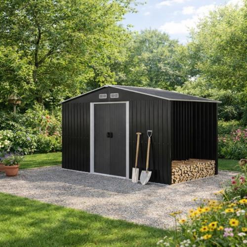 Abri de jardin métal galvanisé 6,70 m² gris anthracite avec appentis bois – 315 x 195 cm
