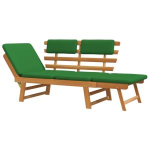 Banc de jardin convertible, bois exotique, coussins vert