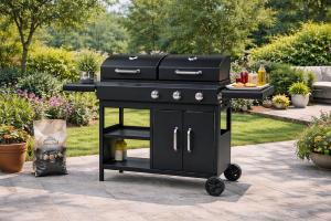 Barbecue Combiné Gaz & Charbon LOUISIANA sur Chariot – 3 Brûleurs + Grill Charbon