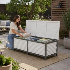 Coffre de Rangement Jardin en Bois 140 cm – Coffre à Coussins Blanc et Gris