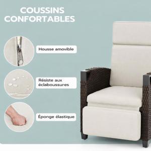 Fauteuil transat en résine tressée avec coussin et tablette – bain de soleil inclinable