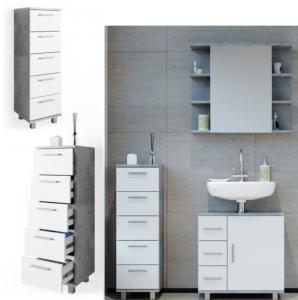 Meuble 5 tiroirs, pour salle de bain, gris béton, blanc, modèle CORBEL