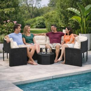 Salon de jardin rond XXL Ø 290 cm en résine tressée avec table basse en verre