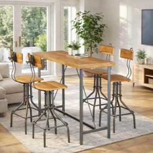 Ensemble Table Bar en Teck Massif et Métal avec 4 Chaises Hautes